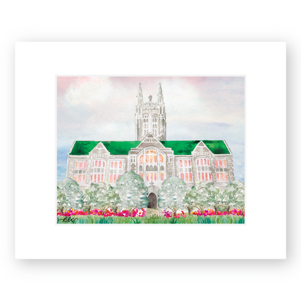 Boston College Watercolor Art Print, "Boston College at Sunset"