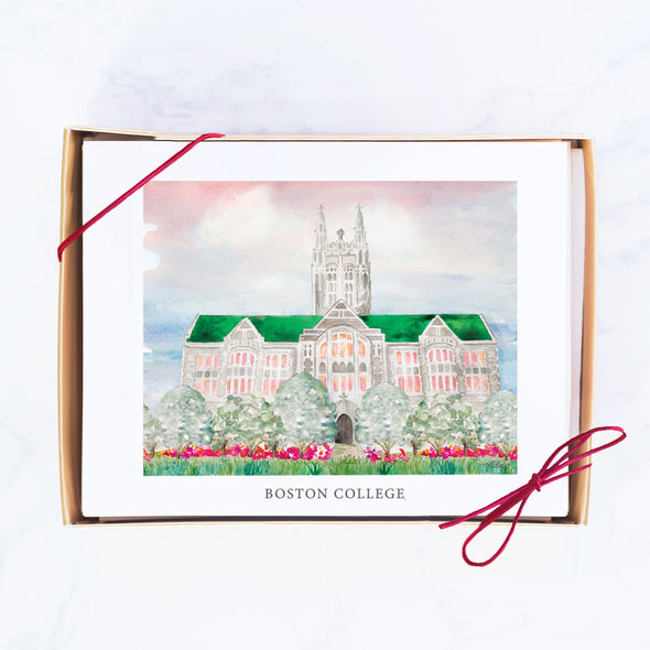 Boston College Watercolor Note Card Set, "Boston College at Sunset"